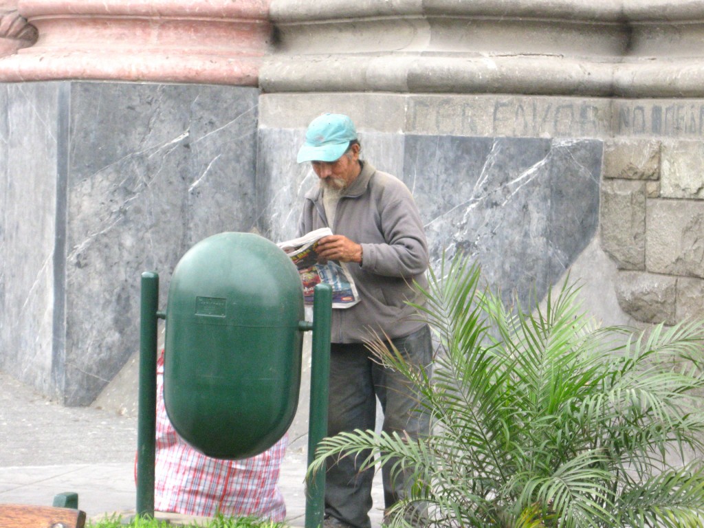 I watched a poor Peruvian man pull a newspaper out from a trashcan to read it. Although he is poor and cannot afford to buy the paper, he has learned of ways to get his news. Watching this man pull the paper out of a trashcan, scan through the pages and put it in his bag reminds me of my reasons to be a journalist: to be the voice and ears to the powerless.