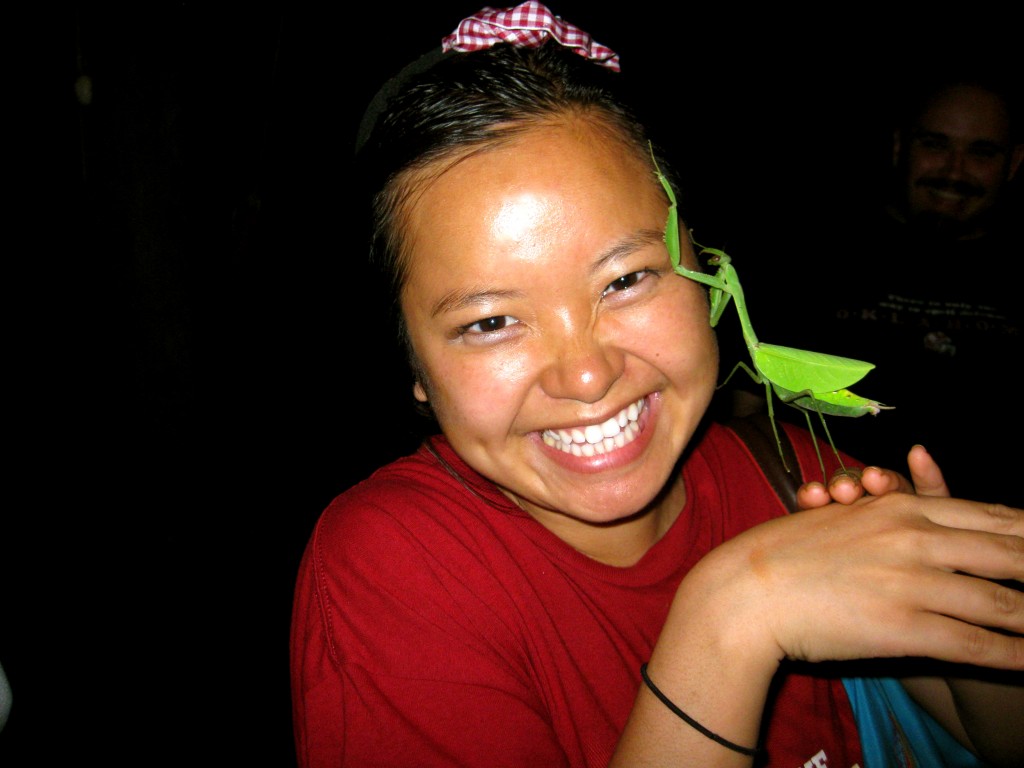 We had class in the upper-level of our lodge in the Amazon until we were distracted by a giant preying mantis, the size of my Hello Kitty iPhone--it was so cute...we played with it and it crawled on my head!
